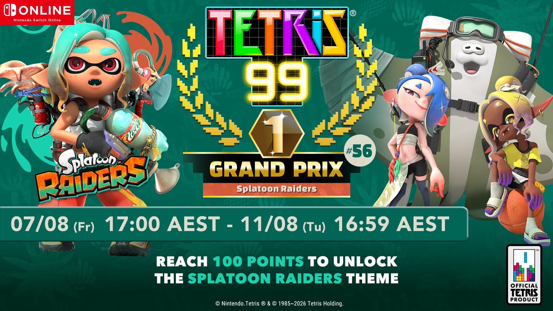 NSO Magazine: August 2026 Events - Tetris 99 X Splatoon Raiders