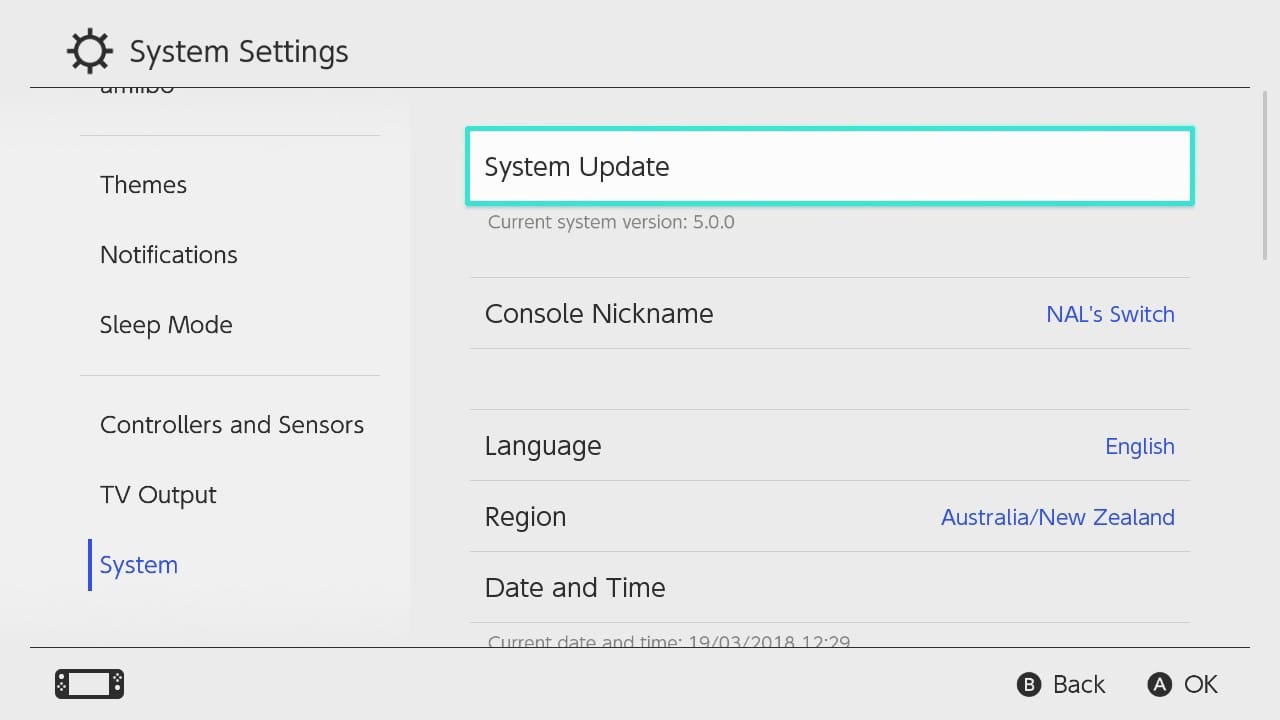 Nintendo Switch System Updates Screen Shot